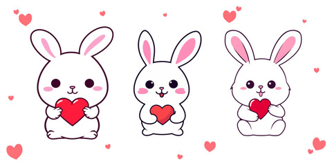 Valentine’s Day Set Collection: Heart Compositions with Flat Style Rabbit, Transparent background, png, vector