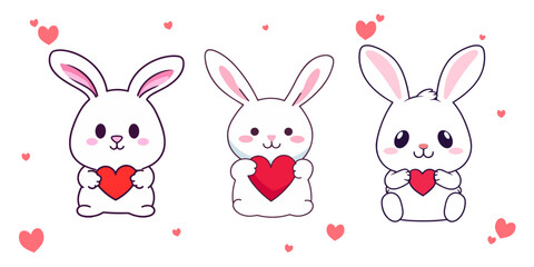 Obraz premium Heart Compositions with Flat Style Rabbit: A Valentine’s Day Set Collection, Transparent background, png, vector