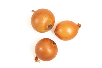 Yellow onions on a white background, top view.