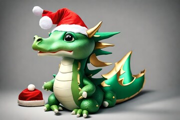 a cutie toy green dragon wearing santa's hat, in the style of gongbi, sit up straight and facing the camera