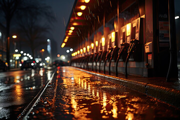 Fototapeta na wymiar A city street at night with rain on the ground created with generative AI technology