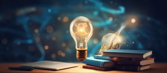Fotobehang Bright light bulb on the open book for smart idea learning concept. © artpray