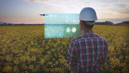 Scientist analyze agricultural field data on hologram. Smart precision agriculture and Industrial...