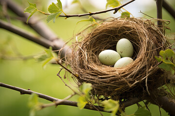 Naklejka na ściany i meble A bird nest with three eggs in a tree created with generative AI technology