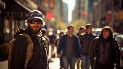 Suspicious Man in a Crowded Street Wearing Sunglasses, Backpack and Cap