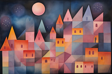 Obraz premium Color sketch of the panorama of the city. Vintage cute houses. Night spring town