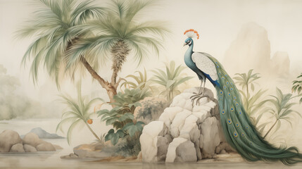 a peacock sitting on a rock