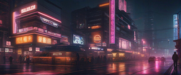 Fototapeta na wymiar cyberpunk-inspired cityscape at night, with neon lights and holographic advertisements glowing brightly. Use a wide-angle lens and a cool color palette to evoke a sense of mystery and intrigue