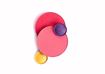 Pink Blusher and Face Powder. Shimmering bright palette of Face Cosmetics Make up. Craked texture...