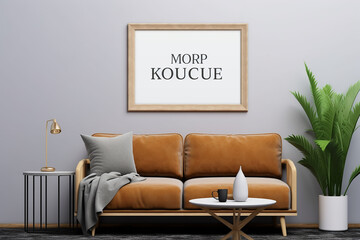 A modern mock up horizontal frame in a living room with brown sofa and white pillow with potted plant