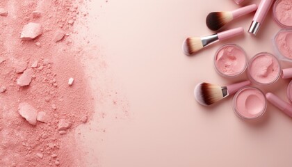Cosmetic beauty products for makeup and skincare concept on a background with copy space   top view - obrazy, fototapety, plakaty