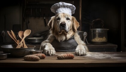 Adorable dog in the kitchen wearing a chef hat, preparing nutritious and delicious meals for animals