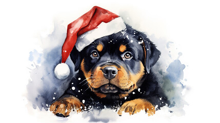 Watercolor painting of Rottweiler puppy dog wearing Santa hat for christmas festival.