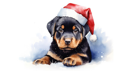 Watercolor painting of Rottweiler puppy dog wearing Santa hat for christmas festival.