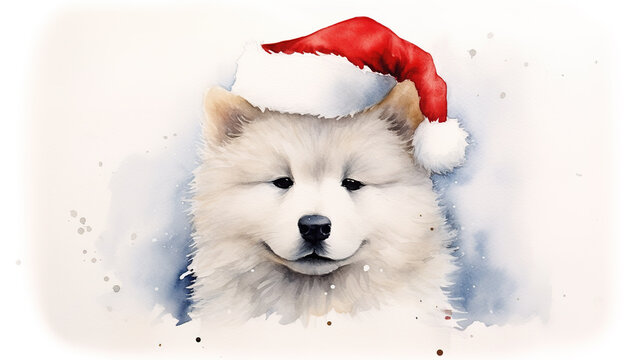 Watercolor painting of samoyed dog wearing Santa hat for christmas festival.