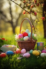 A joyful easter picnic under a tree, surrounded by vibrant grass and flowers, with a basket overflowing with colorful eggs and playful toys. Easter holiday , spring concept.
