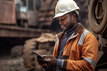 A young Black African nining construction worker with digital tablet in open pit quarry - obrazy, fototapety, plakaty