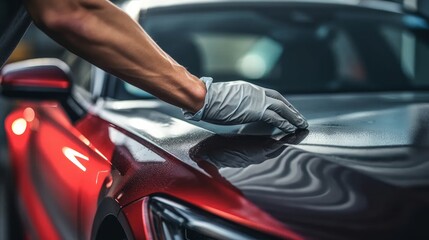 A man applies a nano protective coating to the car. Car detailing.