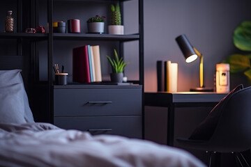 Interior of modern teenager or young person room with black furniture, shelf, desk, bed