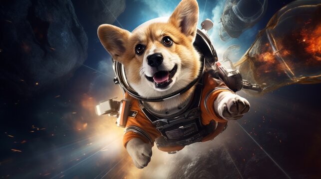 Corgi in spacesuit exploring the depths of space - Powered by Adobe