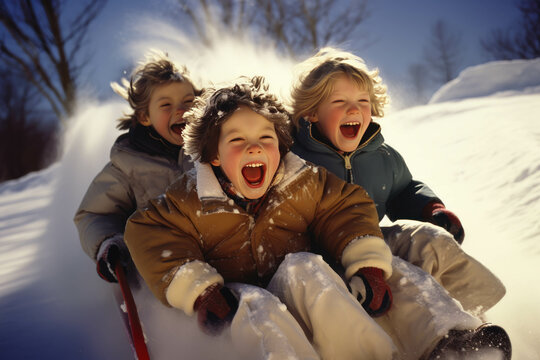Laughing children sledding in winter from a hill among white snow.