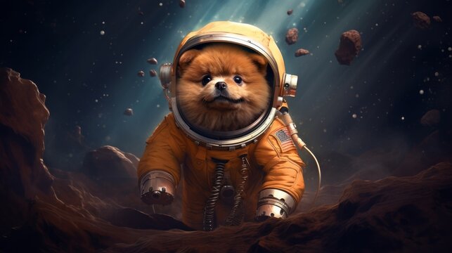 Chaw chaw puppy in spacesuit exploring the depths of space