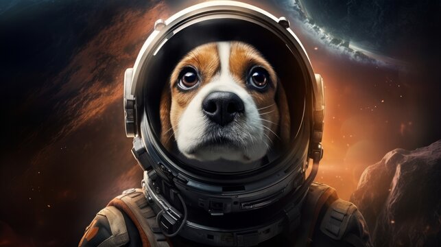 Beagle in spacesuit exploring the depths of space