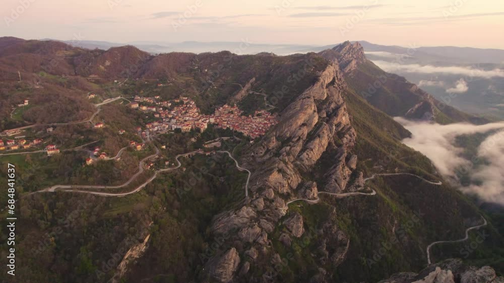 Wall mural aerial view of castelmezzano village at sunrise in apennines dolomiti lucane, basilicata, italy