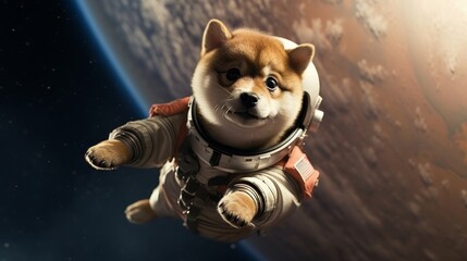 Akita inu puppy in spacesuit exploring the depths of space