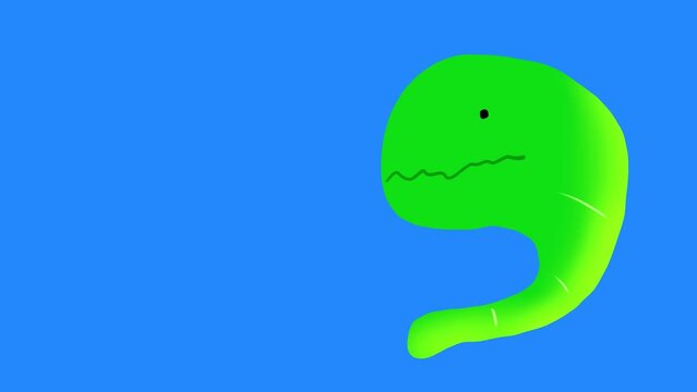 Cartoon worm bites and hides on a blue screen. Green nakes eats in 4K with alpha channel. Stock video of a spineless animal.