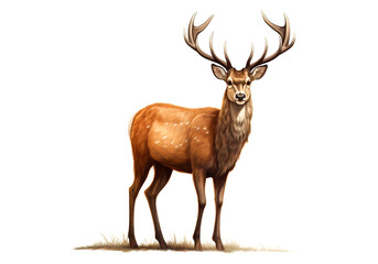 Naklejka na ściany i meble Red deer with beautiful big horns isolated on white, illustration generated by AI 