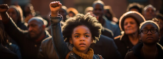 Fototapeta na wymiar Black child is with their fist raised in the air. Crowd of people on background. Possibly at a protest or gathering. African American History or Black History Month concept