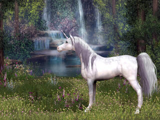 White Unicorn and Waterfall - A magical white Unicorn stallion stands in front of a forest pond with waterfalls of gleaming water.
