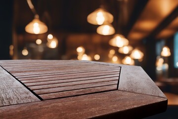 Empty wooden desk and blurred bokeh background