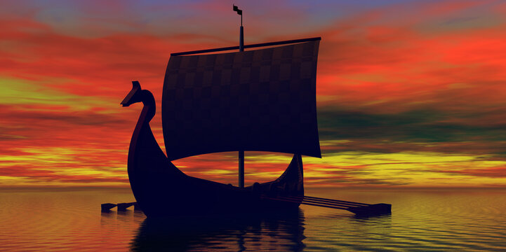 Viking Boat Sunrise - A Viking longboat rows and sails to new shores for trading and discovering new territory.