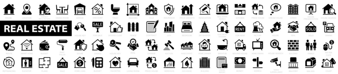 Real estate flat icon. Realty, property, mortgage, home loan, home loan and more. Big UI icon set in a flat design. Collection real estate sign. Vector illustration - obrazy, fototapety, plakaty