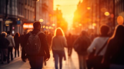 Blurred crowd of unrecognizable at the street at sunset. crowd of people in a shopping street