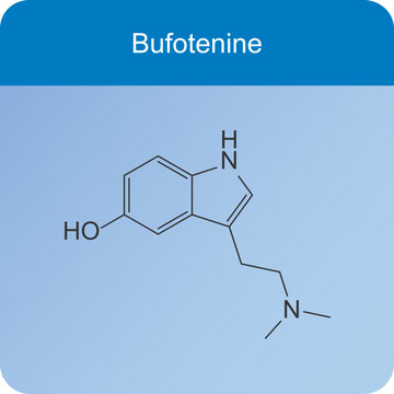 Bufotenine molecular structure, skeletal formula diagram on blue background. Scientific EPS10 vector illustration.