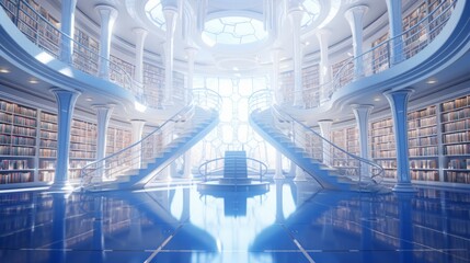 artificial intelligence, blueprint, white, white libary, photorealistic, futuristic, blue, natural light, 16:9