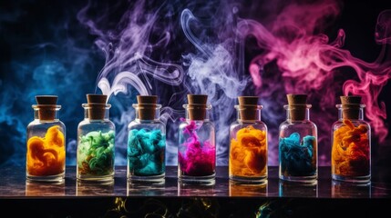 Jars of liquids for vape in multi-colored smoke - obrazy, fototapety, plakaty