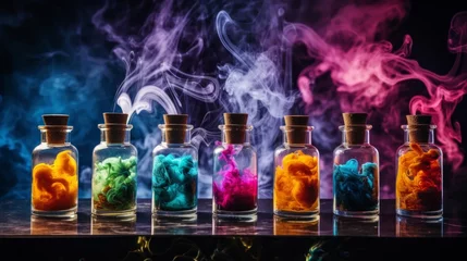 Fotobehang Jars of liquids for vape in multi-colored smoke © Zahid