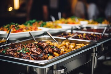 Group of people on catering buffet food indoor in restaurant with grilled meat. Buffet service for any festive event, party or wedding reception - obrazy, fototapety, plakaty