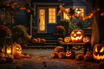 Naklejka na ściany i meble Halloween pumpkins and decorations outside a house. Night view of a house with halloween decoration