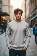 handsome man with a simple empty gray sweatshirt on a city street, mock up for printing  