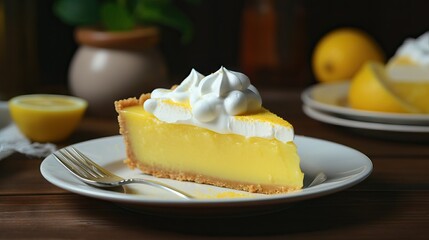 slice of lemon pie is delicious and mouth-watering on the cooking table, food photography, 