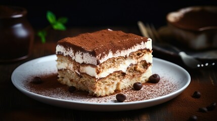 slice of tiramisu is delicious and mouth-watering on the cooking table, food photography, 
