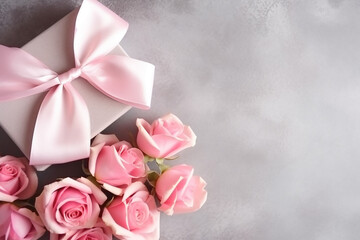 Valentine's Day Background with Pink Roses, Bow, and Paper Hearts - Romantic Love Celebration - Created with Generative AI Tools
