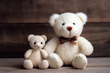 Two Cute White Teddy Bears with Heart on Dark Wood Background - Valentine's Concept - Vintage Retro Tone - Created with Generative AI Tools
