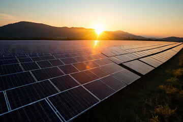 The sun is setting over a field of solar panels created with generative AI technology