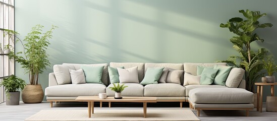 Modern Scandinavian living room with mint sofa, furniture, map poster, plants, accessories. Bright and sunny. Template ready-to-use.